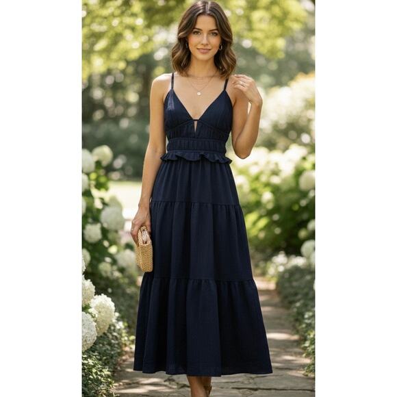 En Saison Dresses & Skirts - En Saison Milkmaid Smocked Midi Sundress Dress Babydoll Navy Blue Tiered Gauze L